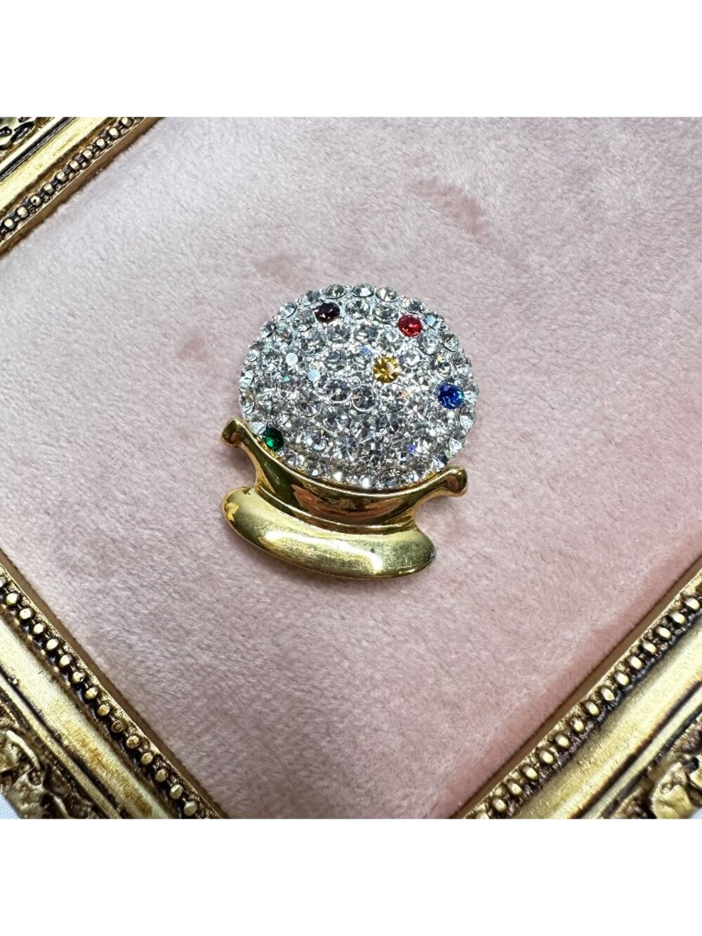 Crystal Ball Brooch W/ Gold Tone Base & Multicolor Pave Crystals Fortune Teller